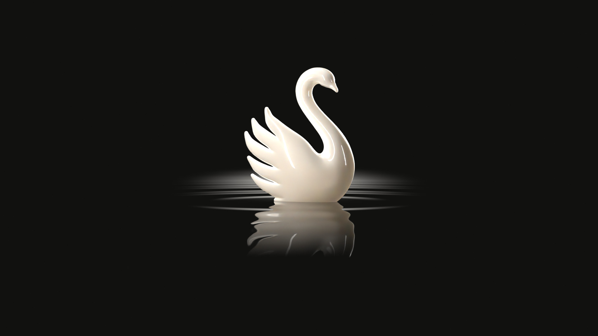A white porcelain swan resting on black mirror water.